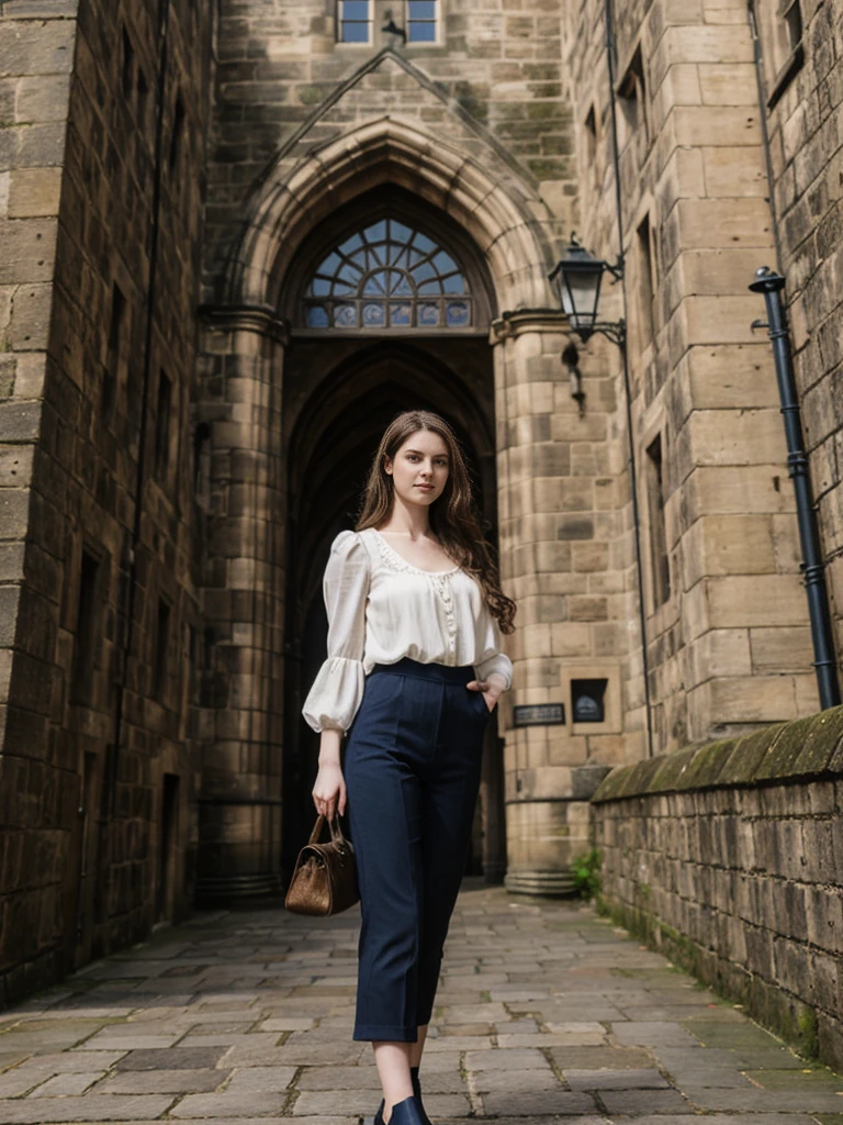 her name is Elle, high quality, 1girl, ((20-year-old fit Caucasian woman)), ((20 years old)), ((fit)), ((pale skin)), Beachy Waves dark hair , wearingPeplum Blouse + High-Waisted Culottes, pose: standing, background: Describe the historic charm of Edinburgh's Royal Mile, with its cobblestone streets, medieval buildings, and the imposing Edinburgh Castle at one end.