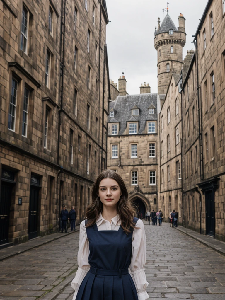 her name is Elle, high quality, 1girl, ((20-year-old fit Caucasian woman)), ((20 years old)), ((fit)), ((pale skin)), Beachy Waves dark hair , wearingPeplum Blouse + High-Waisted Culottes, pose: standing, background: Describe the historic charm of Edinburgh's Royal Mile, with its cobblestone streets, medieval buildings, and the imposing Edinburgh Castle at one end.