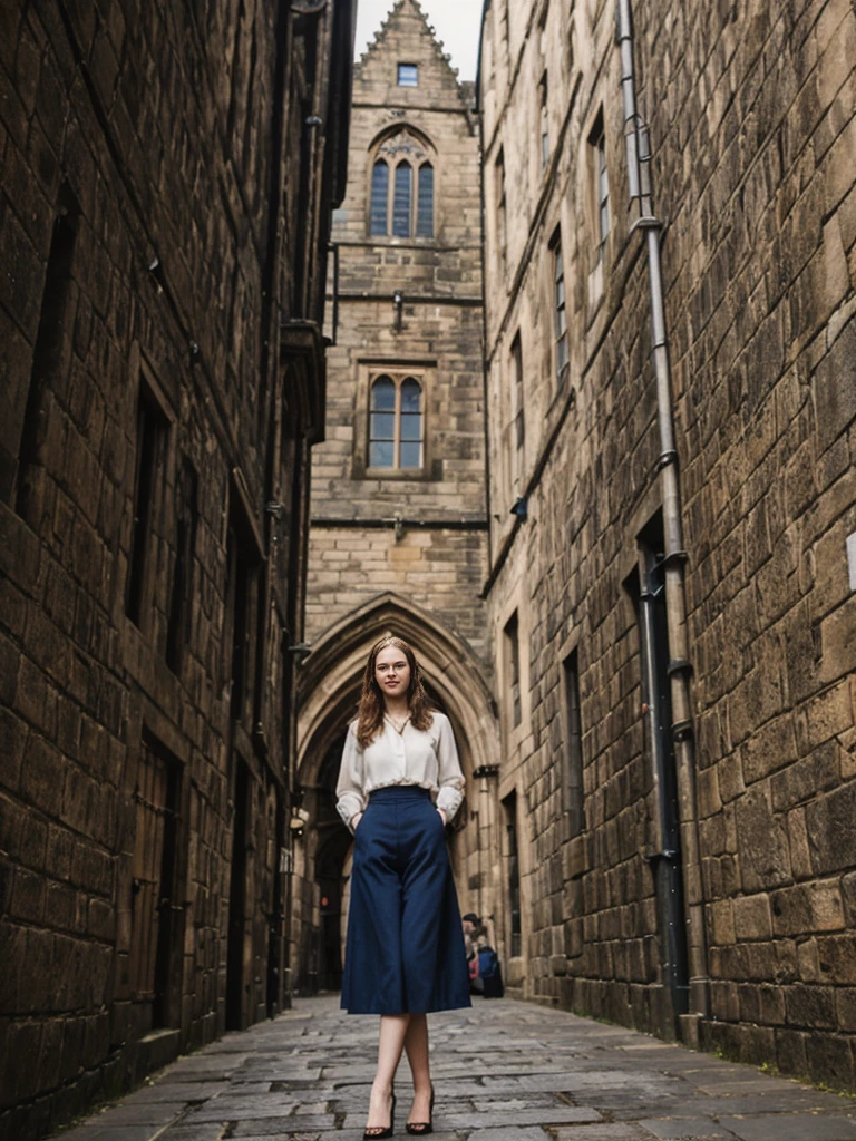 her name is Elle, high quality, 1girl, ((20-year-old fit Caucasian woman)), ((20 years old)), ((fit)), ((pale skin)), Beachy Waves dark hair , wearingPeplum Blouse + High-Waisted Culottes, pose: standing, background: Describe the historic charm of Edinburgh's Royal Mile, with its cobblestone streets, medieval buildings, and the imposing Edinburgh Castle at one end.