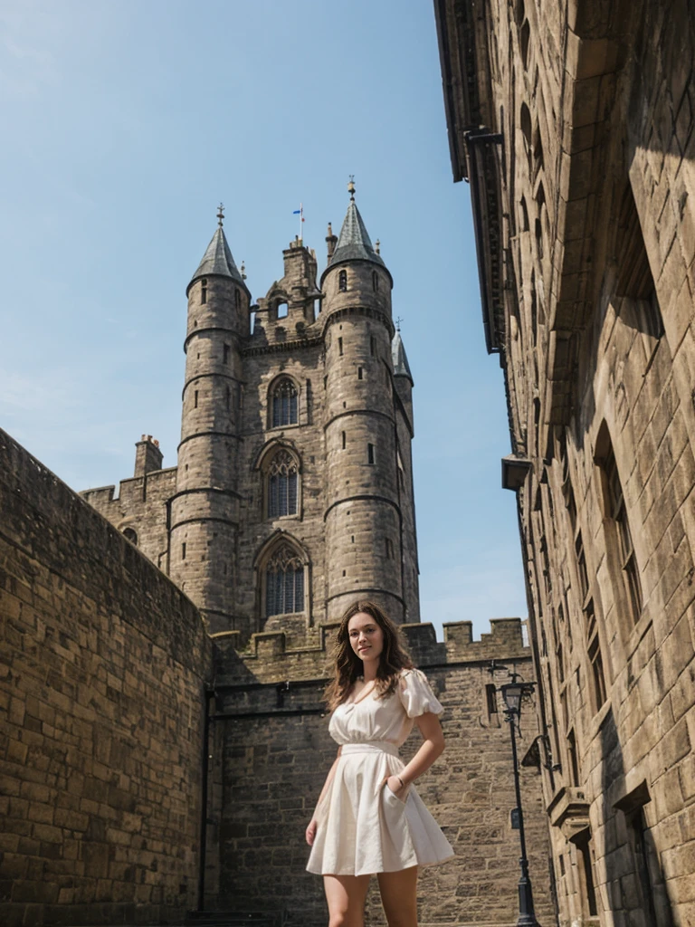 her name is Elle, high quality, 1girl, ((20-year-old fit Caucasian woman)), ((20 years old)), ((fit)), ((pale skin)), Beachy Waves dark hair , wearingPeplum Blouse + High-Waisted Culottes, pose: standing, background: Describe the historic charm of Edinburgh's Royal Mile, with its cobblestone streets, medieval buildings, and the imposing Edinburgh Castle at one end.