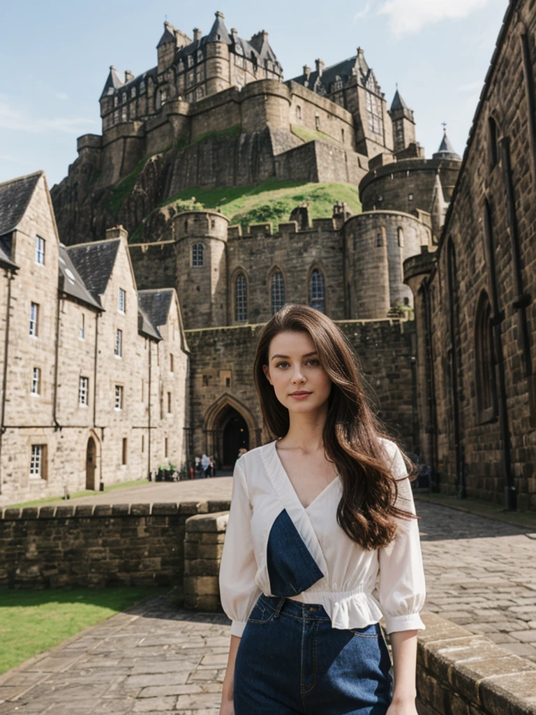 her name is Elle, high quality, 1girl, ((20-year-old fit Caucasian woman)), ((20 years old)), ((fit)), ((pale skin)), Beachy Waves dark hair , wearingPeplum Blouse + High-Waisted Culottes, pose: standing, background: Describe the historic charm of Edinburgh's Royal Mile, with its cobblestone streets, medieval buildings, and the imposing Edinburgh Castle at one end.