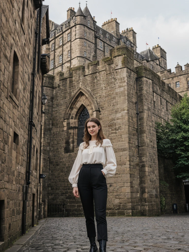 her name is Elle, high quality, 1girl, ((20-year-old fit Caucasian woman)), ((20 years old)), ((fit)), ((pale skin)), Beachy Waves dark hair , wearingPeplum Blouse + High-Waisted Culottes, pose: standing, background: Describe the historic charm of Edinburgh's Royal Mile, with its cobblestone streets, medieval buildings, and the imposing Edinburgh Castle at one end.