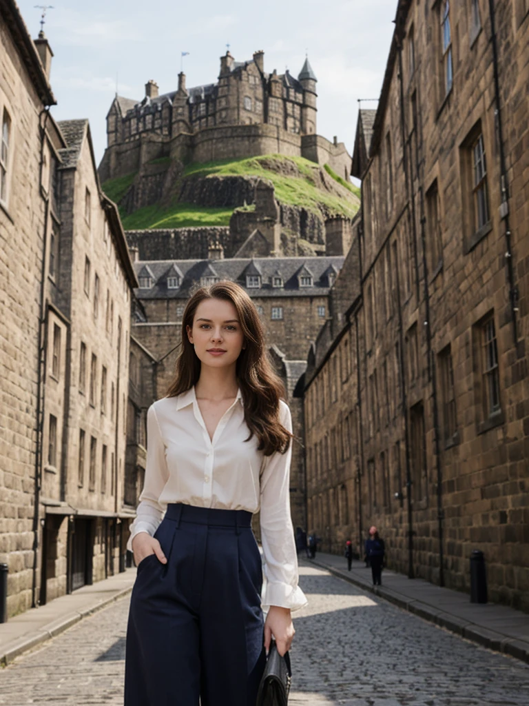 her name is Elle, high quality, 1girl, ((20-year-old fit Caucasian woman)), ((20 years old)), ((fit)), ((pale skin)), Beachy Waves dark hair , wearingPeplum Blouse + High-Waisted Culottes, pose: standing, background: Describe the historic charm of Edinburgh's Royal Mile, with its cobblestone streets, medieval buildings, and the imposing Edinburgh Castle at one end.