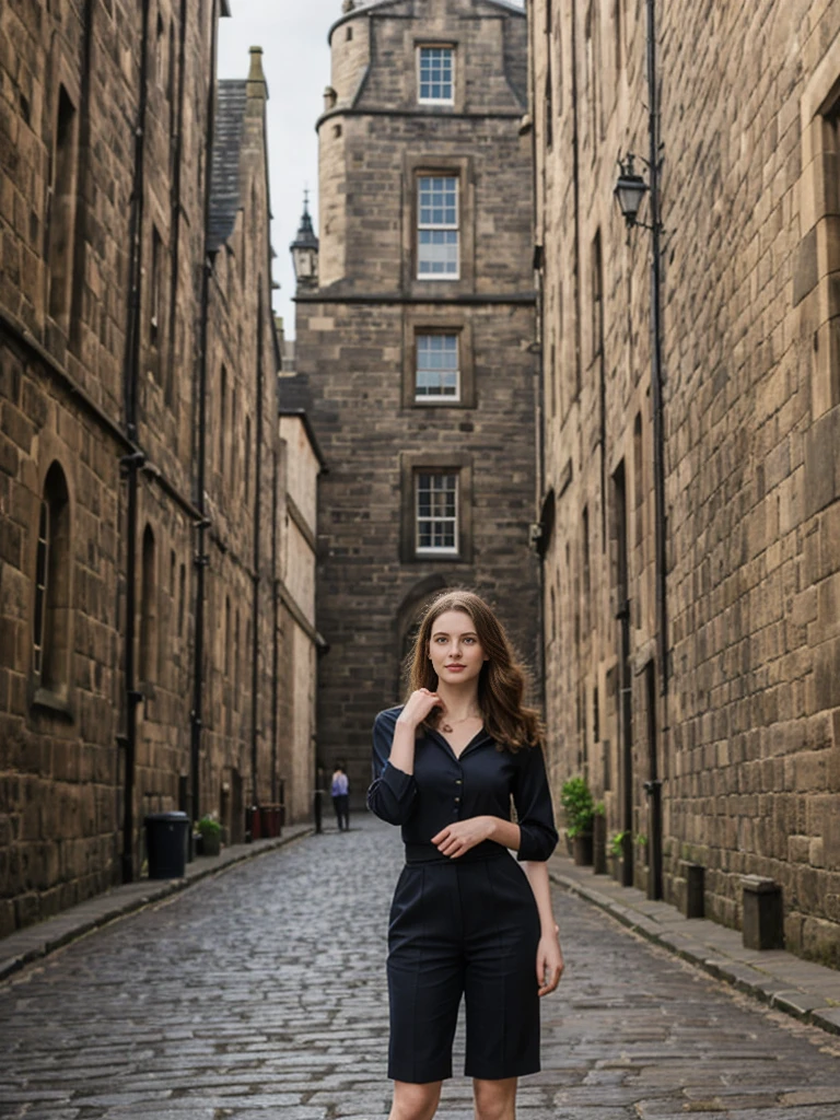 her name is Elle, high quality, 1girl, ((20-year-old fit Caucasian woman)), ((20 years old)), ((fit)), ((pale skin)), Beachy Waves dark hair , wearingPeplum Blouse + High-Waisted Culottes, pose: standing, background: Describe the historic charm of Edinburgh's Royal Mile, with its cobblestone streets, medieval buildings, and the imposing Edinburgh Castle at one end.