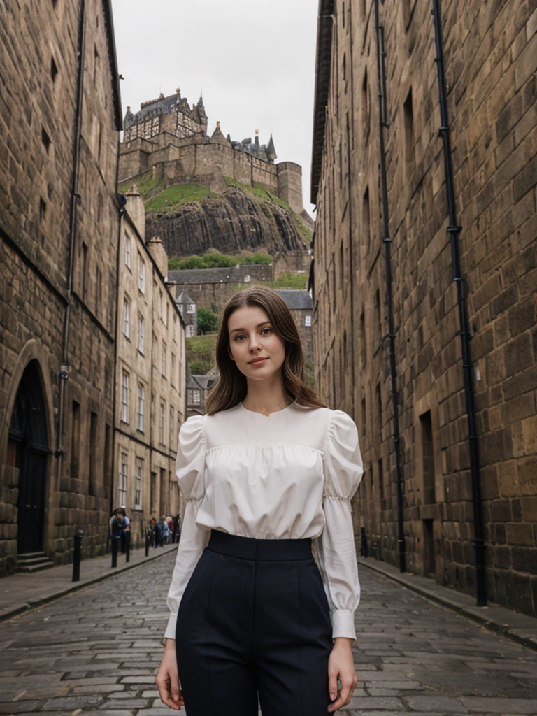 her name is Elle, high quality, 1girl, ((20-year-old fit Caucasian woman)), ((20 years old)), ((fit)), ((pale skin)), Beachy Waves dark hair , wearingPeplum Blouse + High-Waisted Culottes, pose: standing, background: Describe the historic charm of Edinburgh's Royal Mile, with its cobblestone streets, medieval buildings, and the imposing Edinburgh Castle at one end.