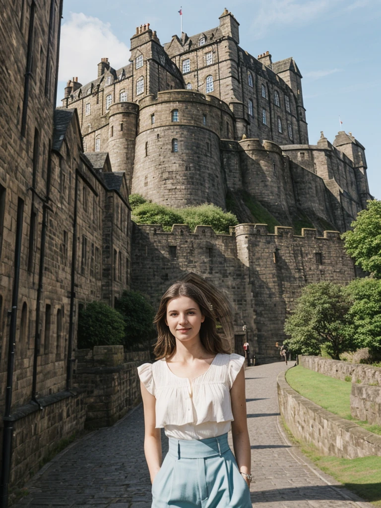 her name is Elle, high quality, 1girl, ((20-year-old fit Caucasian woman)), ((20 years old)), ((fit)), ((pale skin)), Beachy Waves dark hair , wearingPeplum Blouse + High-Waisted Culottes, pose: standing, background: Describe the historic charm of Edinburgh's Royal Mile, with its cobblestone streets, medieval buildings, and the imposing Edinburgh Castle at one end.