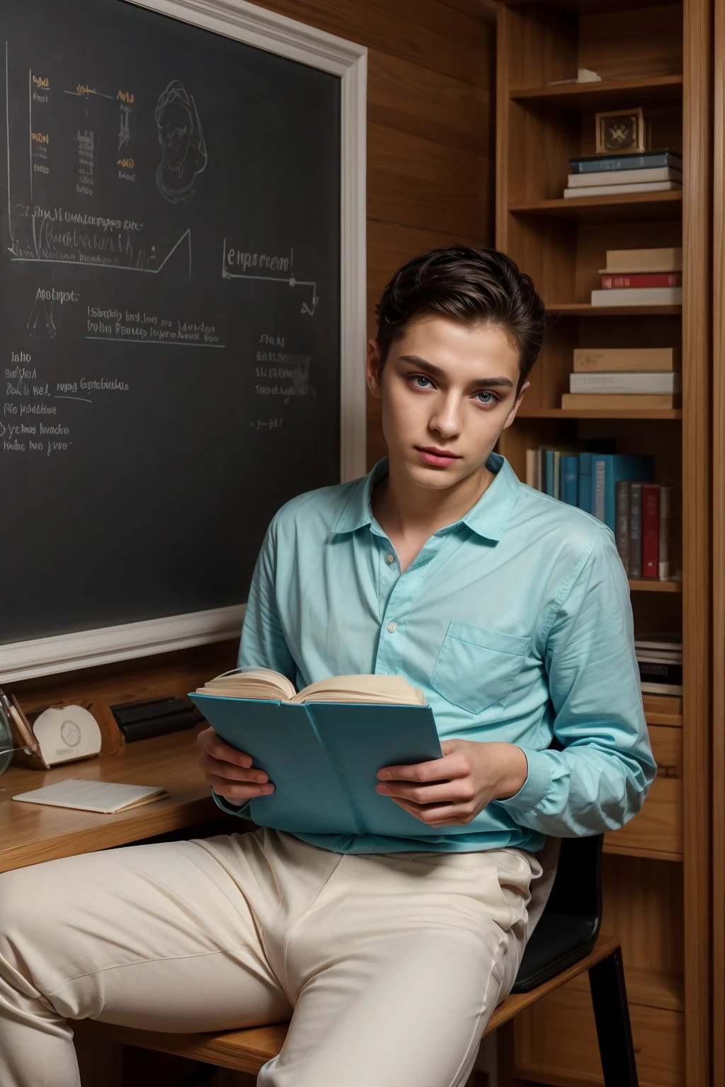 A beautiful young male twink, cute, with black hair and a face with makeup, wearing a bright white long-sleeved shirt and aqua blue pants, and he is in his office, and behind him is a blackboard on which is written the shape of the brain and its anatomy, and nuclear energy comes out of it, and he has a face with makeup and and. His eyes have dark circles under them and he is sitting studying with a huge medical book on surgery. He appears innocent and has a beautiful face with makeup