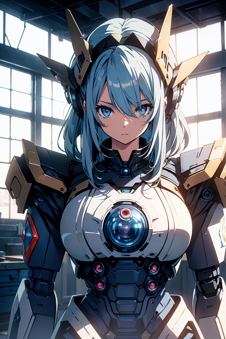 Anime, 2 characters, (1 teenage anime girl, silvery blue hair, bright blue star-shaped eyes); (1 Robot, Cape, Luminous Eyes, Rugged, Fantasy, Lights, outdated, old style, dark blue, bronze), Room with window, sitting