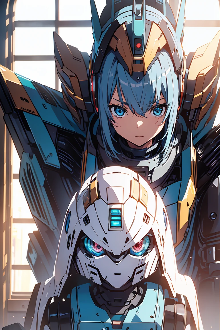 Anime, 2 characters, (1 age anime girl, silvery blue hair, bright blue star-shaped eyes); (1 Robot, Cape, Luminous Eyes, Rugged, Fantasy, Lights, outdated, old style, dark blue, bronze), Room with window, sitting