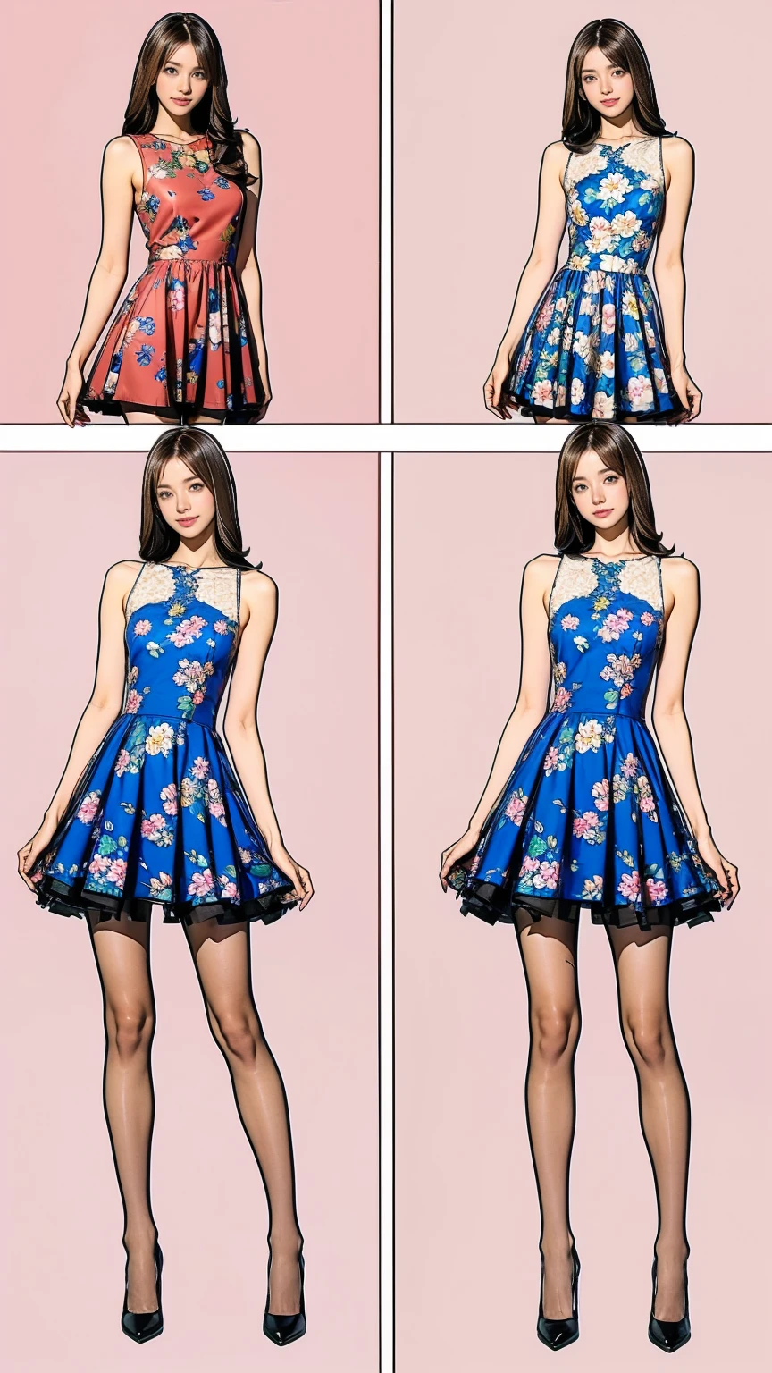 ((masterpiece)),(((Highest quality))),((Character design sheet)),Thin thighs,Long legs,whole body:1.5，(One Girl:1.3),(Black pantyhose and thick pointy heels：1.3),(Wearing a floral dress:1.2),Short Blonde:1.2、Model pose，