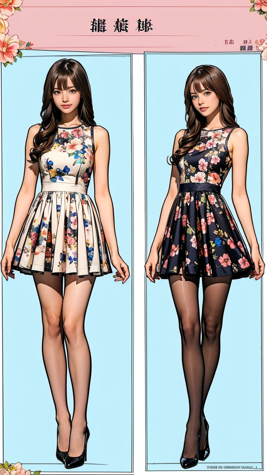 ((masterpiece)),(((Highest quality))),((Character design sheet)),Thin thighs,Long legs,whole body:1.5,(One Girl:1.3),(Black pantyhose and thick pointy heels:1.3),(Wearing a floral dress:1.2),Short Blonde:1.2、Model pose,