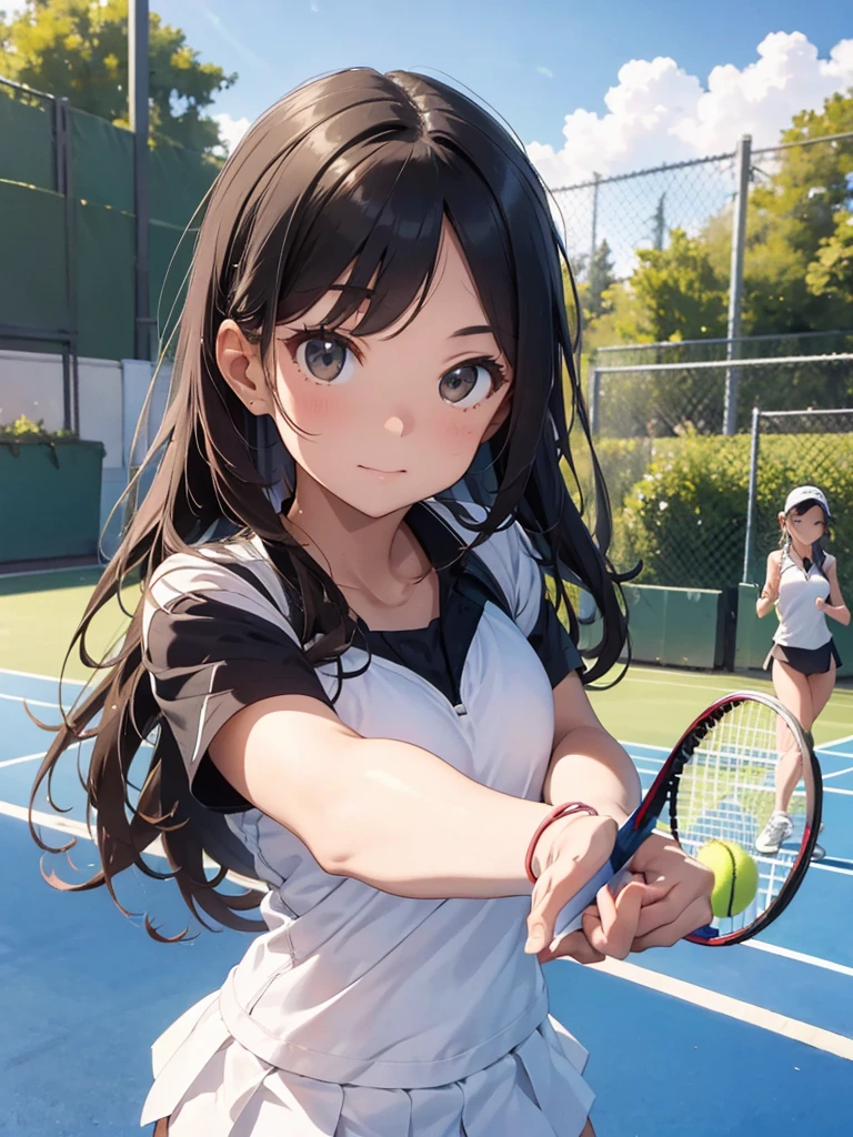 masterpiece, high-quality, a young woman, playing tennis, wearing tennis wear, perfect face, perfect hands