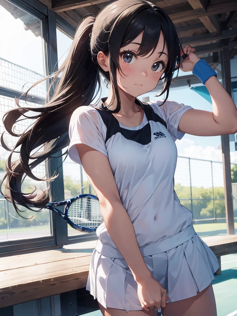masterpiece, high-quality, a young woman, playing tennis, wearing tennis wear, perfect face, perfect hands