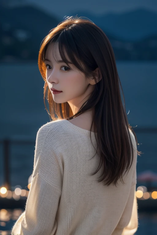 best quality, ultra-detailed, an extremely delicate and beautiful, depth of field, ultra high res, (photorealistic:1.4), 1 milf, long hair, casual wear, cute, lakeside, (night:1.5)