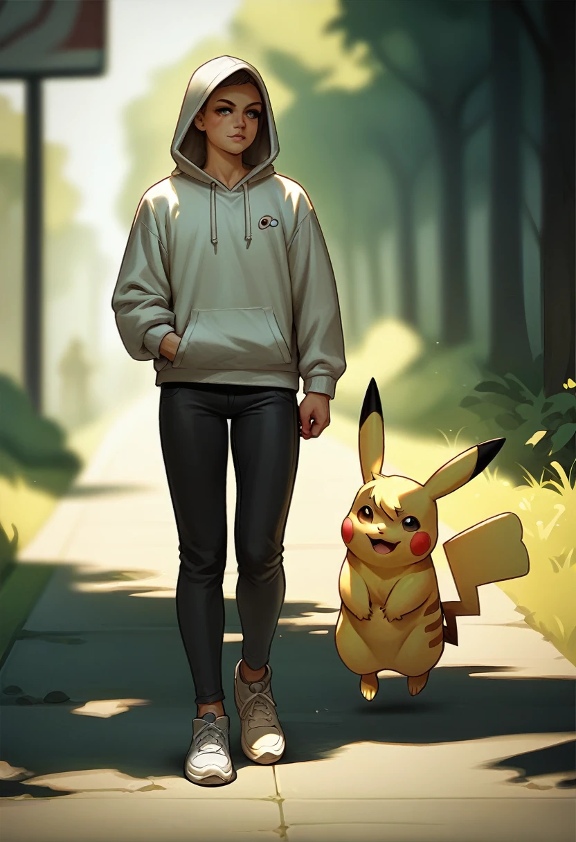 Pokémon,Pikachu wearing a hoodie, black pants, white shoes and Eebee wearing a hoodie walking on the road