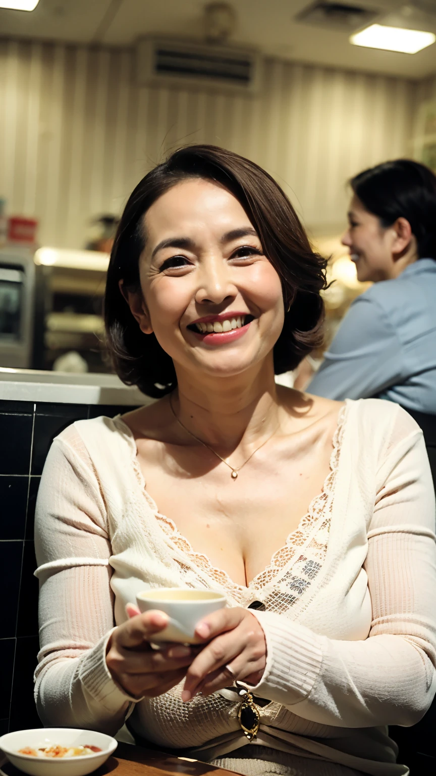 8k wallpaper, masterpiece, Highest quality, Super detailed, One Mature Woman, 50 years old, Become very clear, Wearing a short-sleeved knit, Skin dents, Captivating smile, Looking at the audience, Cleavage, plump, Curvaceous, Fascinating face, Smiling with teeth showing, I was happy, Sitting in a cafe, Background Blur