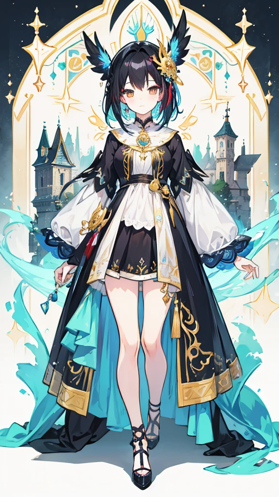 fantasy world girl with colorful hair, accessories, detailed clothes, black hair
