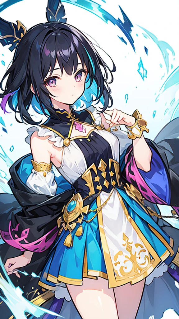 fantasy world girl with colorful hair, accessories, detailed clothes, black hair