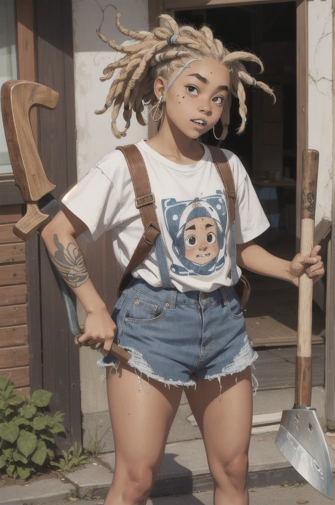 with very loose street style clothes and white skin, short dreadlocks in her hair and holding an ax with a wooden handle, teeth split down the middle and a little chubby with just a tattoo on her left arm, in a city