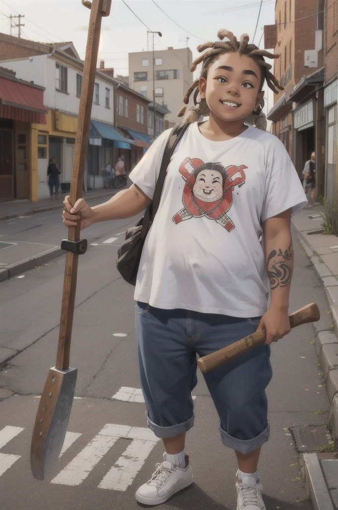  16 year old with very loose street style clothes and white skin, short dreadlocks in her hair and holding an ax with a wooden handle, teeth split down the middle and a little chubby with just a tattoo on her left arm, in a city