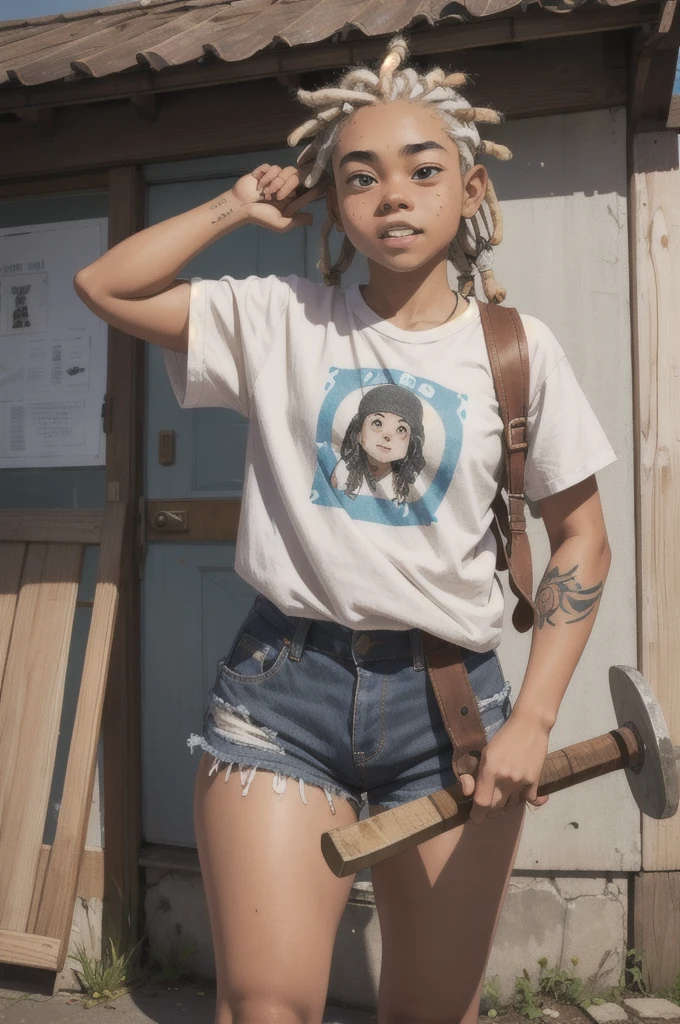 16 year old with very loose street style clothes and white skin, short dreadlocks in her hair and holding an ax with a wooden handle, teeth split down the middle and a little chubby with just a tattoo on her left arm, in a city
