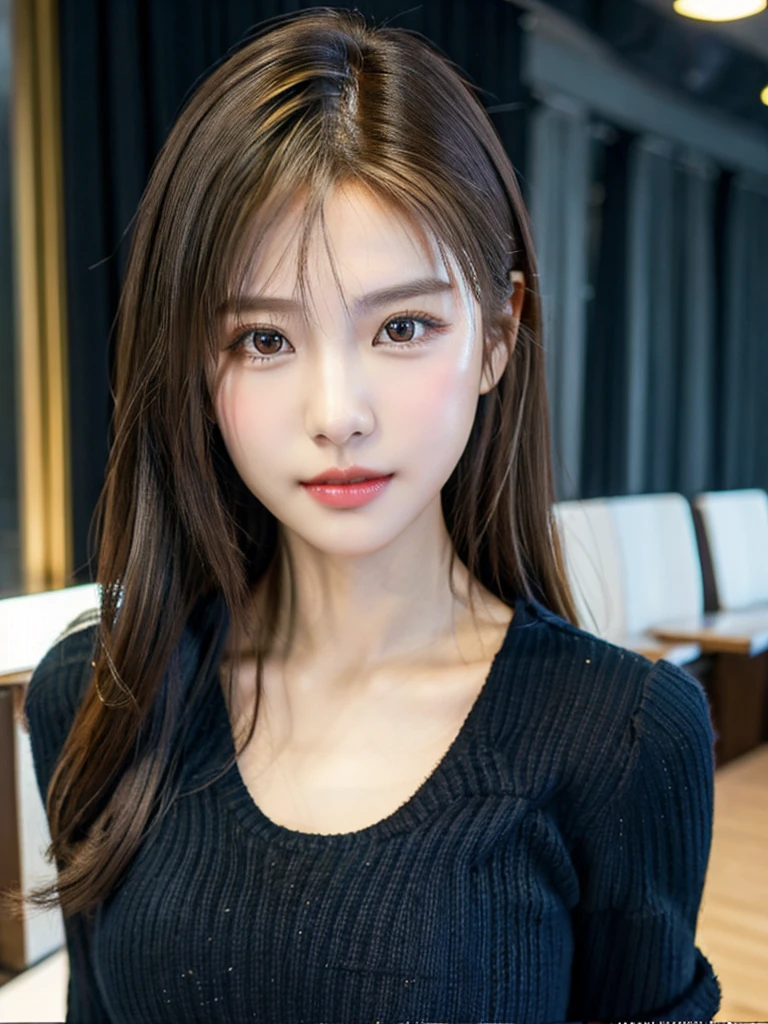 super high quality, Fashion Model, short hair, thin, Photography Sculpture, The staff is working at the counter in the back.., (8k、RAW Photos、highest quality、masterpiece:1.2), Shaggy, (Realistic、Realistic:1.37), Mesh Hair, Normal chest, Golden Ratio, RAW Photos, Cute face , Light brown hair, Tight knit dress, Blurred Background, Beauty Salon Model, Spring Clothes, Cafe with a calm atmosphere, Well designed furniture, Observe the audience, Beautiful hairstyle, Spoiled, smile, 30 years old, Cool older sister,
