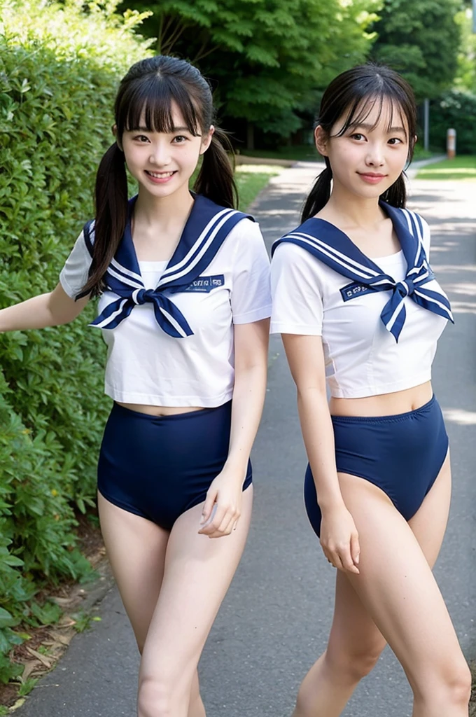 2 girls walking in sunny school corridor,wet navy blue school swimsuit with camisole white straps and white trim,18-year-old,bangs,a little smile,thighs,knees,wet short hair with low pigtails bunches,from beside,front light,BREAK,sailor shirt