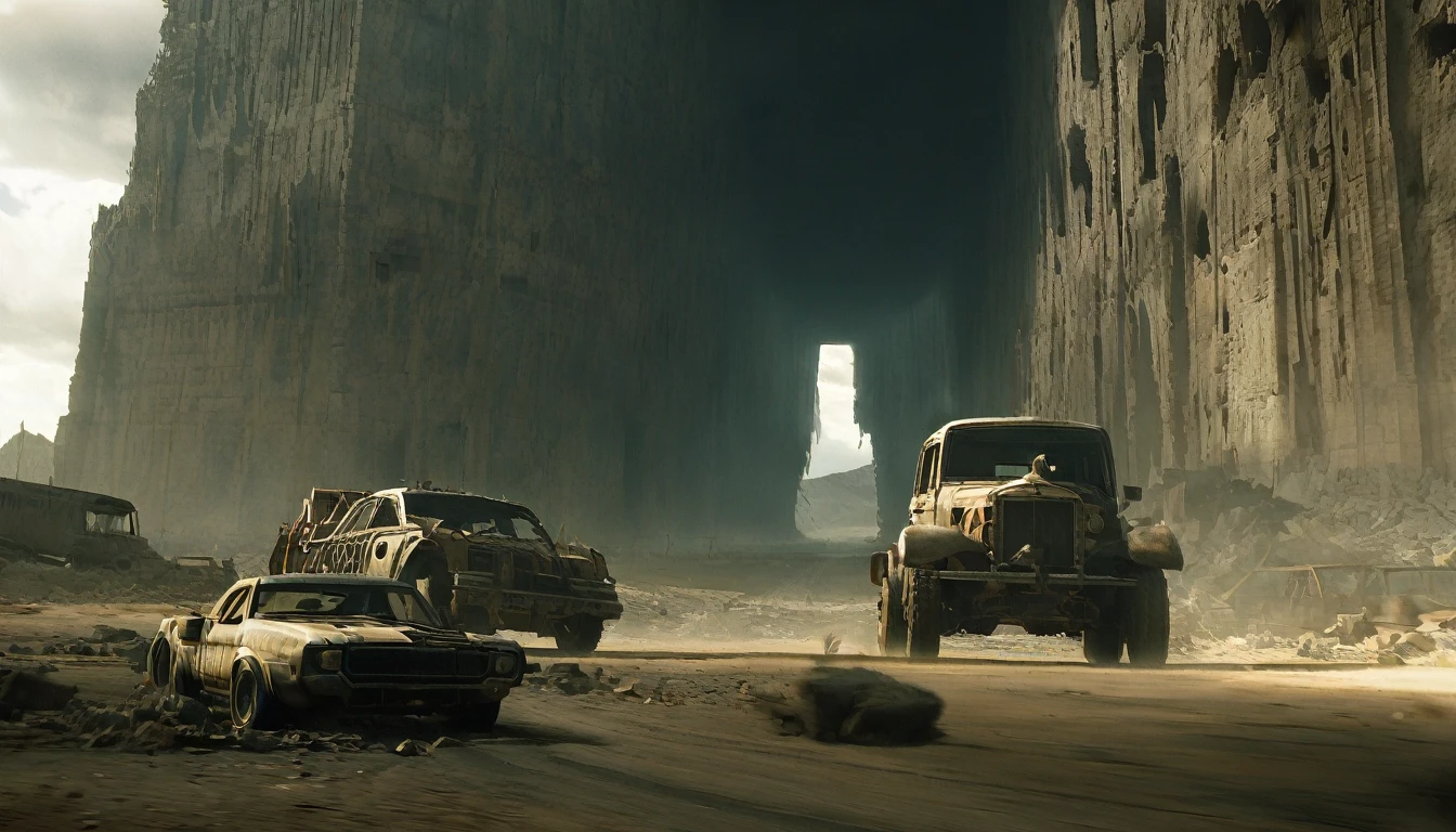 (Increase Contrast),Breathtaking graphics from the Attack on Titan universe, shooting various epic empty tracks for racing along rocky abandoned industrial post-apocalyptic roads on small cars from Mad Max against the backdrop of abandoned buildings and rocky terrain near industrial enterprises, creating an impression, that orcs live in this place,  breathtaking scenery, and impressive lighting effects, that create impressive visual experiences, cars eat very far, (((route through abandoned orc caves))), (orc huts) , Skull in the foreground , ((fallen building)) 