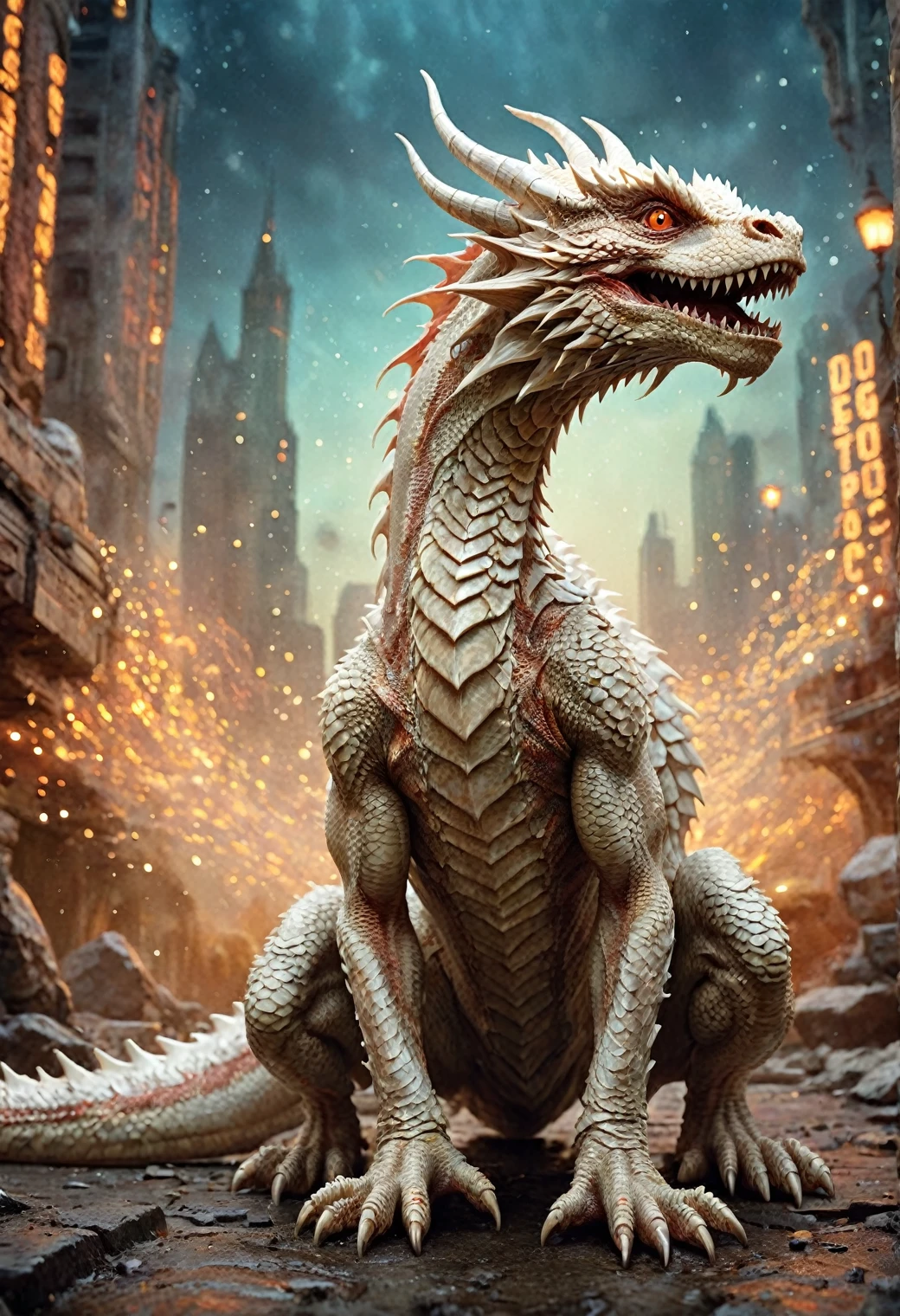 A white dragon,em quatro patas,com grandes asas, photography by Steve McCurry, bokeh effect, Dragan-style post-production, (mythical:1.2), (high resolution:1.2), (detailed scales:1.1), (swirly vibrant colors:1.2), (Fantasy realism:1.2), (impressive:1.1), eye focus, hyperrealisti, dangerous, deep eyes, intricate,"Detailed texture skin, (blush:0.5), (shiver:0.5), underground dispersal, scale roughness, brightness scale, (pores:0.5), imperfections(0.2), (intricate peach fuzz:0.1)", apavorante, highy detailed, digitalpainting, art station, conceptual artwork, Soft, sharp focus, illustration, art by greg rutkowski high budget, bokeh, cinemascope, temperamental, epic, marvelous, Cinema sincero RAW, 16mm, portra 400 graduated color film, remarkable color, ultra realistic, texturized skin, notable and detailed students, realistic dull scale noise, visible skin detail,filmed with a cinema camera ,bokeh, motion-blur