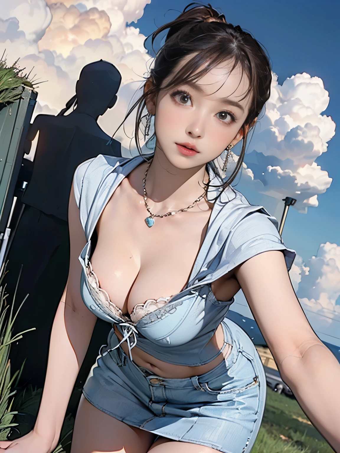 ((((Highest quality))))、(((Ultra-precision CG16K wallpaper)))、(((masterpiece)))、(((Super detailed)))、(((Extreme detail)))、((1Mature 29 year old woman:1.6))、((Very beautiful Japan face of a person))、((Urizane Face:1.8))、((Medium Straight Hair:1.3))、(Shiny Hair)、A delicately drawn beautiful face、Dark Eyes、double eyelid、High nose、Small nostrils、Small Mouth、Seductive lips、Beautiful breasts、((C cup size breasts))、Cleavage、Small belly button、Beautiful feet、Thin thighs、eight-headed body、Perfect proportions、Perfect Anatomy、Perfect composition、Beautiful detailed shading、Beautiful, natural lighting、Beautiful detail glow、Depth of written boundary、(((High chroma)))、(((Real:1.9)))、((vivid:1.5))、((Beautiful Skin))、((Skin Texture))、((Realな皮膚感))、(((Cowboy Shot:1.6)))、(((front view、shoot from front、front low angle:1.6)))、(((Half-open mouth、Puzzled face:1.3)))、((looking at viewer:1.6))、Bright daylight、Natural light、(((Grass Square、cloud:1.5)))、(Gravure idol bending forward pose:1.6)、(((Gravure idol costume:1.6)))、((hair band、necklace、Wearing earrings:1.5))、((Lace Stockings Clothed:1.2))、