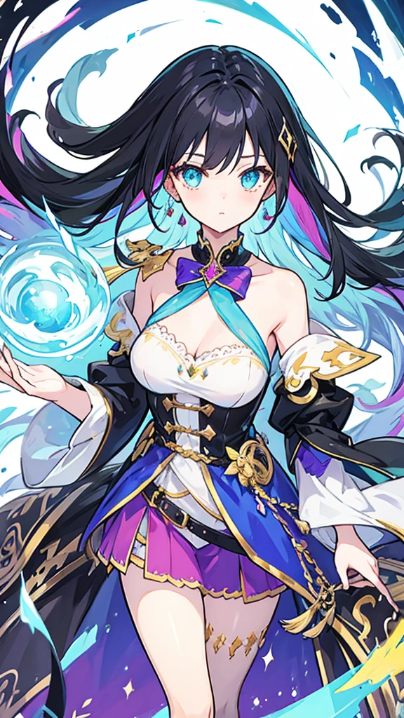 fantasy world girl with colorful hair, accessories, detailed clothes, black hair