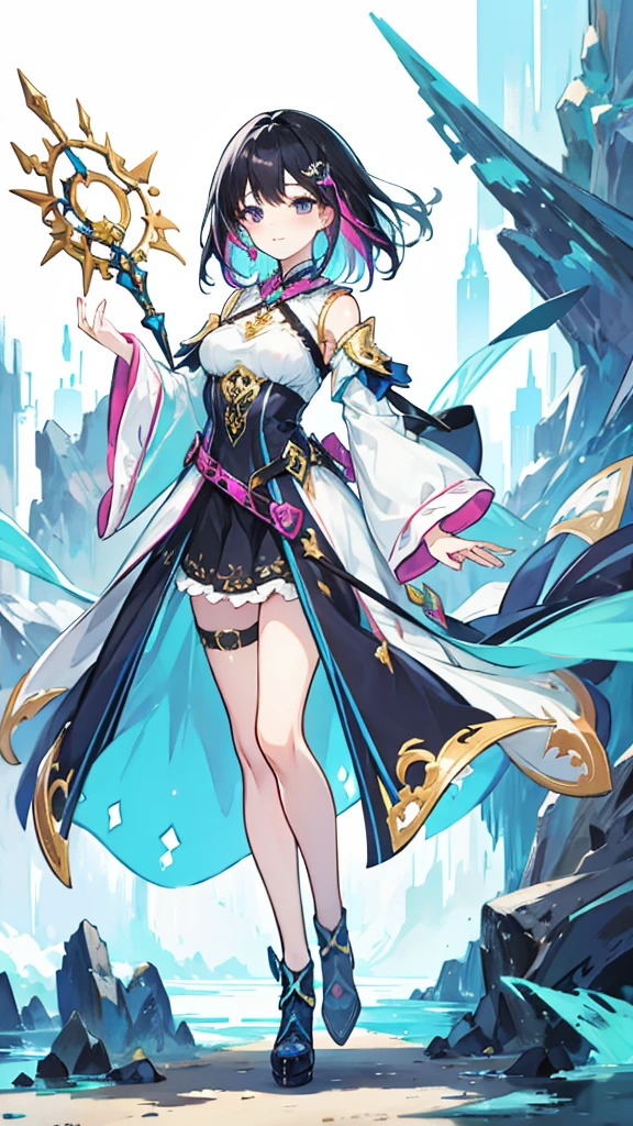 fantasy world girl with colorful hair, accessories, detailed clothes, black hair