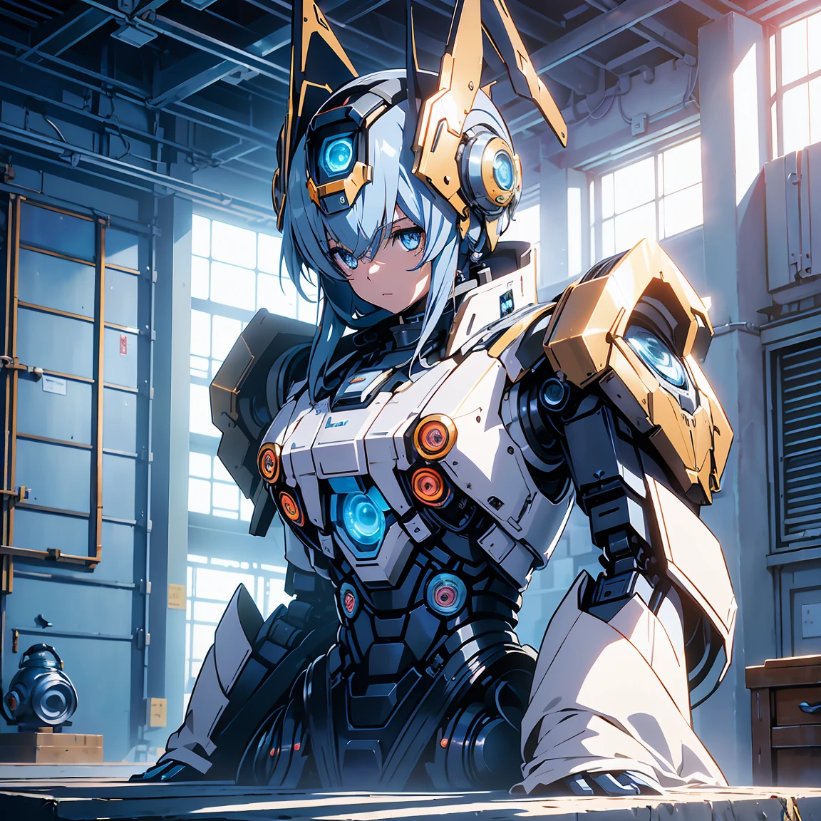 Anime, 2 characters, (1 teenage anime girl, silvery blue hair, bright blue star-shaped eyes); (1 Robot, Cape, Luminous Eyes, Rugged, Fantasy, Lights, outdated, old style, dark blue, bronze), Room with window, sitting