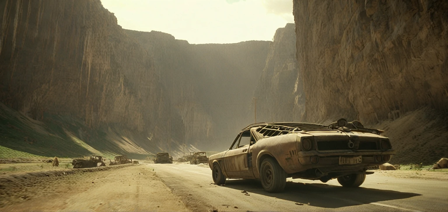 Breathtaking graphics from the Attack on Titan universe, filming of various epic empty tracks for racing along the tops of the canyon along abandoned industrial post-apocalyptic canals in small cars from Mad Max against the backdrop of wastelands and canyons near industrial enterprises, creating an impression, that orcs live in this place, Deadly car traps set up on highways,  breathtaking scenery, and impressive lighting effects, that create impressive visual experiences, cars eat very far, (((route through abandoned orc caves)))