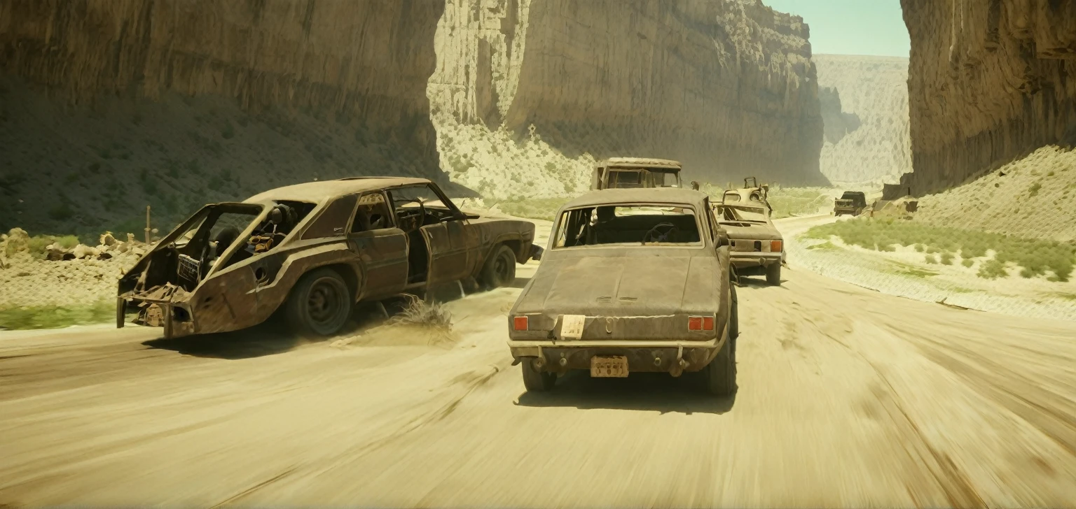 Breathtaking graphics from the Attack on Titan universe, filming of various epic empty tracks for racing along the tops of the canyon along abandoned industrial post-apocalyptic canals in small cars from Mad Max against the backdrop of wastelands and canyons near industrial enterprises, creating an impression, that orcs live in this place, Deadly car traps set up on highways,  breathtaking scenery, and impressive lighting effects, that create impressive visual experiences, cars eat very far, (((route through abandoned orc caves)))