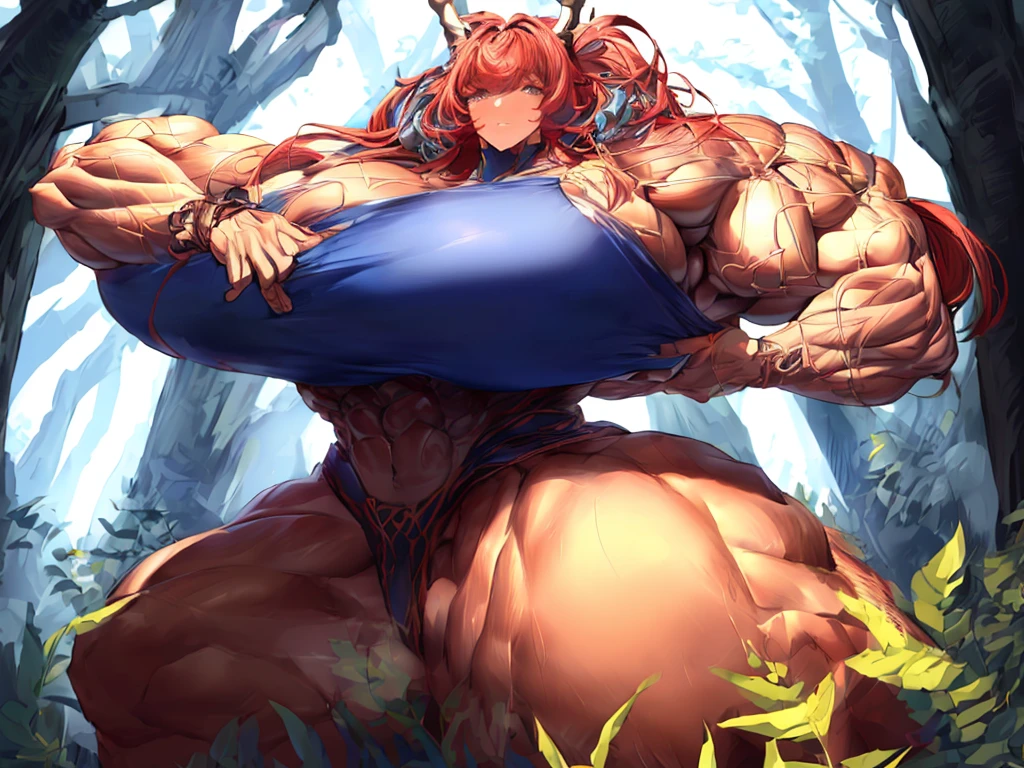 posing in a forest、A big- woman dressed in blue, muscular girl, muscular!!, Huge muscles, muscular!, muscular!! Science fiction, feminine and muscular, big muscles, Huge muscles, so beautiful. big muscless, big muscles, full of muscle, big biceps, extremely Muscular, muscular!!!, strongest pose, muscular! Fancy