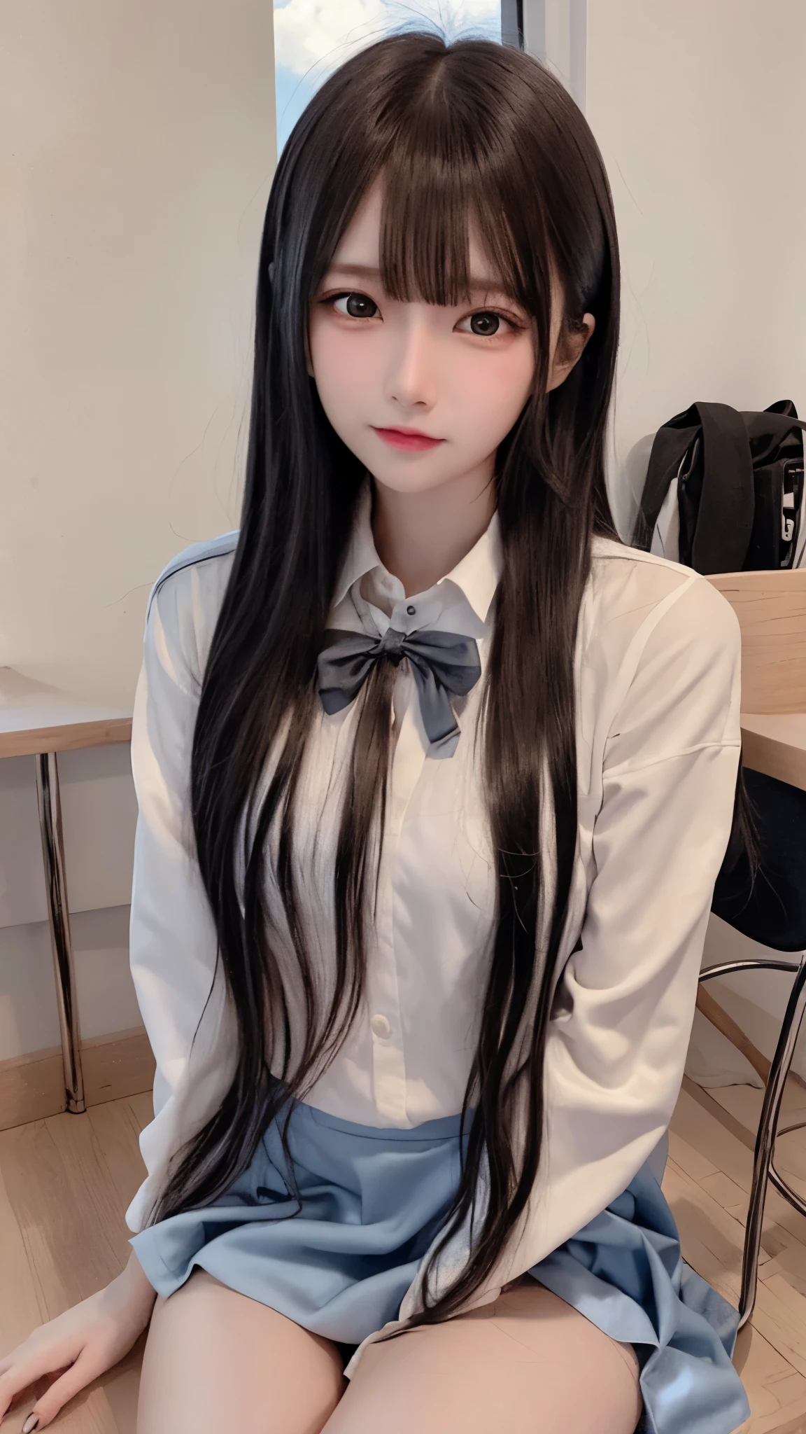 bright expression、photorealisim、top-quality、超A high resolution、a picture、Photos of the most beautiful Nordic girls、Detailed cute and beautiful face、a small face、(pureerosface_v1:0.008)、Beautiful bangs、alice in the wonderland、sixteen years old、(thighs thighs thighs thighs:1.2)、full body Esbian、Glowing white shiny skin、Hair tangled in the face、Bangs that extend to the face、bangss、Hair between the eyes、length hair、Silky hair of attractive black color、finer hair、Beautiful bright and clear light blue eyes with a charming sparkle、(winter school uniform:1.2)、(pleatedskirt:1.2)、eye liner、Sitting in a classroom、Double eyelids、ample breasts、Dynamic Pose