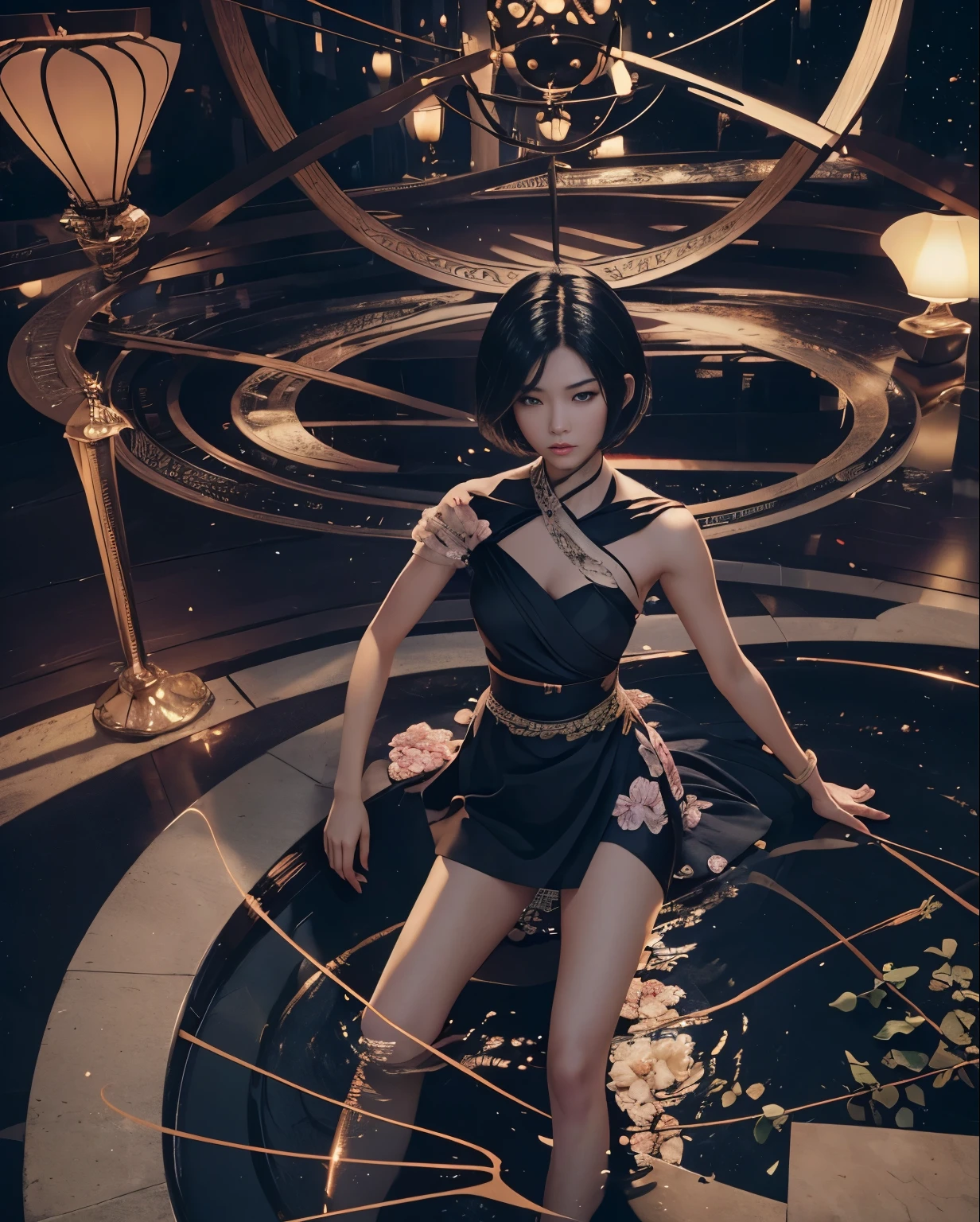(Best quality, 8k, 32k, Masterpiece, UHD:1.2) "Generate a captivating artwork featuring a young Japanese girl model with short, sleek black hair styled in a chic bob haircut. Envision her bathed in dramatic cinematic lighting, creating an atmosphere of allure and mystery. Emphasize a romantic aesthetic vibe, showcasing the model in a poised and elegant pose that evokes a sense of intimacy and sophistication. Utilize warm and soft tones to enhance the romantic ambiance, and consider incorporating elements like flowing fabrics or flowers to add a touch of ethereal beauty. Capture the essence of romance and beauty through the model's expression, the play of light and shadows, and the overall aesthetic, creating a visually compelling and emotionally resonant piece." (perfect eyes), flawless skin, flawless face, cinematic, tight body, ((well-proportion female hands)), ((female hands with five digits))