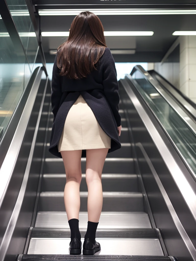 Up Escalator Skirt、short coat、bottom body close up、View from behind、Very low camera angle、Slouched、bent forward、Panchira