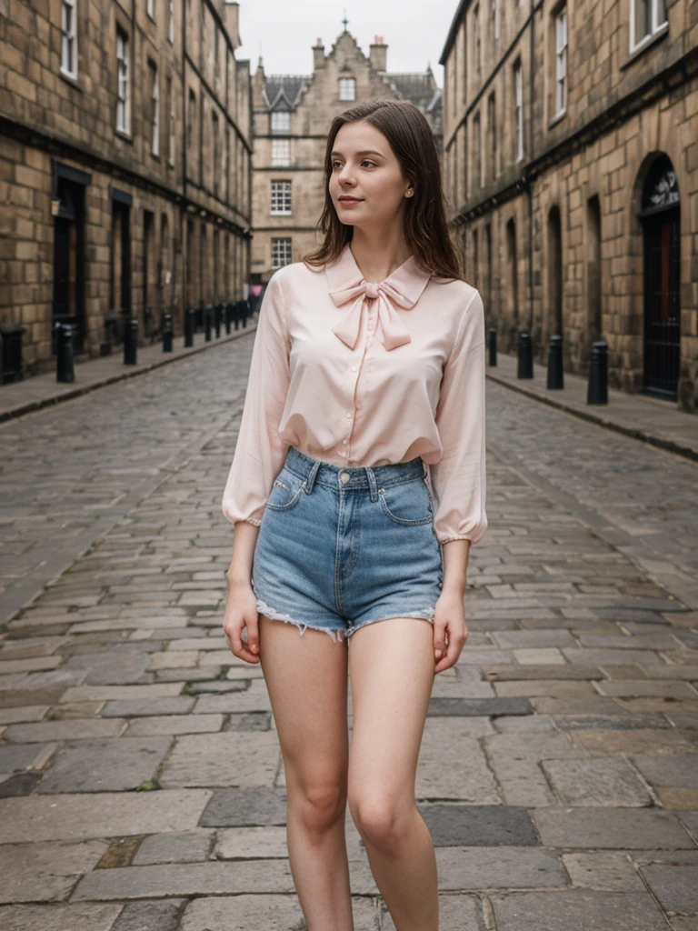 her name is Elle, high quality, 1girl, ((20-year-old fit Caucasian woman)), ((20 years old)), ((fit)), ((pale skin)), Beachy Waves dark hair , wearing Blush Pink Chiffon Bow-Tie Blouse + High-Waisted Tailored Shorts, pose: standing, background: Describe the historic charm of Edinburgh's Royal Mile, with its cobblestone streets, medieval buildings, and the imposing Edinburgh Castle at one end.