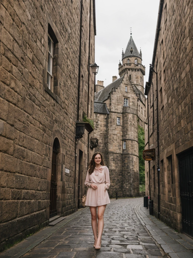 her name is Elle, high quality, 1girl, ((20-year-old fit Caucasian woman)), ((20 years old)), ((fit)), ((pale skin)), Beachy Waves dark hair , wearing Blush Pink Chiffon Bow-Tie Blouse + High-Waisted Tailored Shorts, pose: standing, background: Describe the historic charm of Edinburgh's Royal Mile, with its cobblestone streets, medieval buildings, and the imposing Edinburgh Castle at one end.