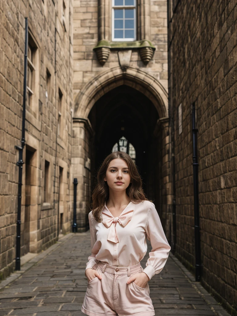 her name is Elle, high quality, 1girl, ((20-year-old fit Caucasian woman)), ((20 years old)), ((fit)), ((pale skin)), Beachy Waves dark hair , wearing Blush Pink Chiffon Bow-Tie Blouse + High-Waisted Tailored Shorts, pose: standing, background: Describe the historic charm of Edinburgh's Royal Mile, with its cobblestone streets, medieval buildings, and the imposing Edinburgh Castle at one end.
