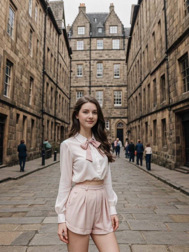 her name is Elle, high quality, 1girl, ((20-year-old fit Caucasian woman)), ((20 years old)), ((fit)), ((pale skin)), Beachy Waves dark hair , wearing Blush Pink Chiffon Bow-Tie Blouse + High-Waisted Tailored Shorts, pose: standing, background: Describe the historic charm of Edinburgh's Royal Mile, with its cobblestone streets, medieval buildings, and the imposing Edinburgh Castle at one end.