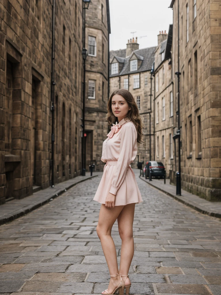 her name is Elle, high quality, 1girl, ((20-year-old fit Caucasian woman)), ((20 years old)), ((fit)), ((pale skin)), Beachy Waves dark hair , wearing Blush Pink Chiffon Bow-Tie Blouse + High-Waisted Tailored Shorts, pose: standing, background: Describe the historic charm of Edinburgh's Royal Mile, with its cobblestone streets, medieval buildings, and the imposing Edinburgh Castle at one end.