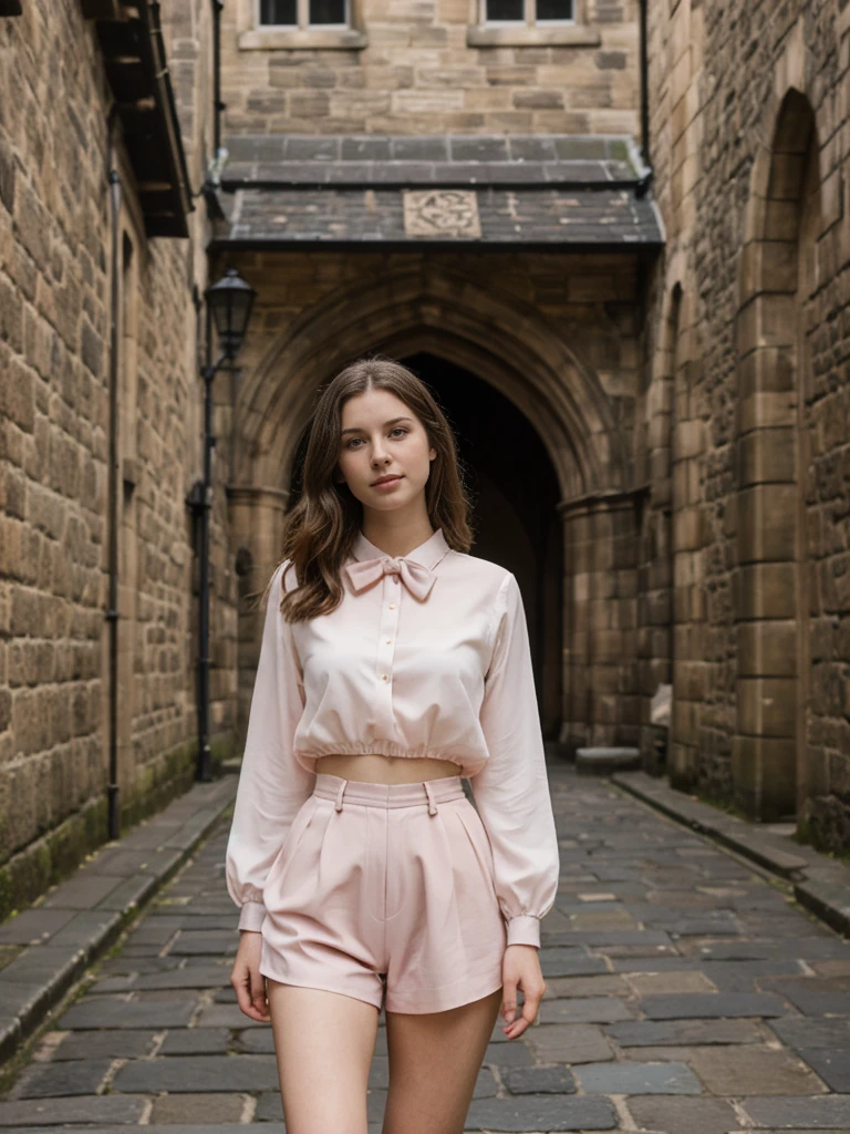 her name is Elle, high quality, 1girl, ((20-year-old fit Caucasian woman)), ((20 years old)), ((fit)), ((pale skin)), Beachy Waves dark hair , wearing Blush Pink Chiffon Bow-Tie Blouse + High-Waisted Tailored Shorts, pose: standing, background: Describe the historic charm of Edinburgh's Royal Mile, with its cobblestone streets, medieval buildings, and the imposing Edinburgh Castle at one end.