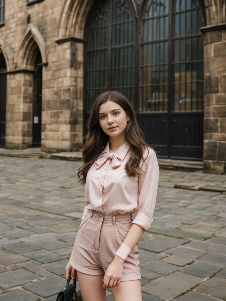 her name is Elle, high quality, 1girl, ((20-year-old fit Caucasian woman)), ((20 years old)), ((fit)), ((pale skin)), Beachy Waves dark hair , wearing Blush Pink Chiffon Bow-Tie Blouse + High-Waisted Tailored Shorts, pose: standing, background: Describe the historic charm of Edinburgh's Royal Mile, with its cobblestone streets, medieval buildings, and the imposing Edinburgh Castle at one end.