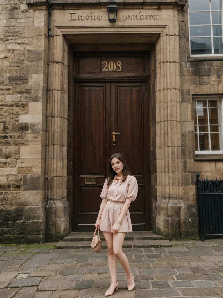 her name is Elle, high quality, 1girl, ((20-year-old fit Caucasian woman)), ((20 years old)), ((fit)), ((pale skin)), Beachy Waves dark hair , wearing Blush Pink Chiffon Bow-Tie Blouse + High-Waisted Tailored Shorts, pose: standing, background: Describe the historic charm of Edinburgh's Royal Mile, with its cobblestone streets, medieval buildings, and the imposing Edinburgh Castle at one end.