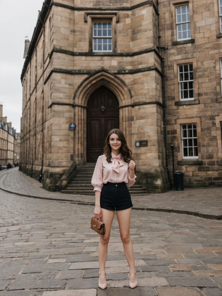 her name is Elle, high quality, 1girl, ((20-year-old fit Caucasian woman)), ((20 years old)), ((fit)), ((pale skin)), Beachy Waves dark hair , wearing Blush Pink Chiffon Bow-Tie Blouse + High-Waisted Tailored Shorts, pose: standing, background: Describe the historic charm of Edinburgh's Royal Mile, with its cobblestone streets, medieval buildings, and the imposing Edinburgh Castle at one end.