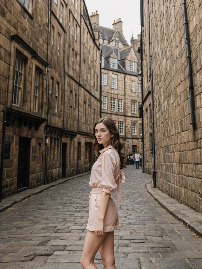 her name is Elle, high quality, 1girl, ((20-year-old fit Caucasian woman)), ((20 years old)), ((fit)), ((pale skin)), Beachy Waves dark hair , wearing Blush Pink Chiffon Bow-Tie Blouse + High-Waisted Tailored Shorts, pose: standing, background: Describe the historic charm of Edinburgh's Royal Mile, with its cobblestone streets, medieval buildings, and the imposing Edinburgh Castle at one end.