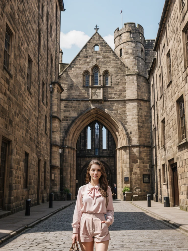 her name is Elle, high quality, 1girl, ((20-year-old fit Caucasian woman)), ((20 years old)), ((fit)), ((pale skin)), Beachy Waves dark hair , wearing Blush Pink Chiffon Bow-Tie Blouse + High-Waisted Tailored Shorts, pose: standing, background: Describe the historic charm of Edinburgh's Royal Mile, with its cobblestone streets, medieval buildings, and the imposing Edinburgh Castle at one end.